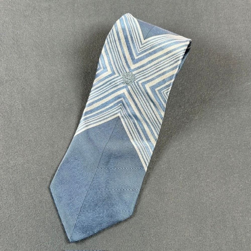 Vintage Gianni Versace Blue Geometric Striped Silk Necktie Medusa Emblem 58"